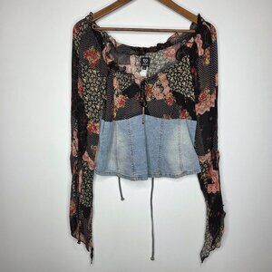 XOXO Jeans Womens Floral Denim Corsett Top Size M Flare Whimsigoth Fiary Grungy
